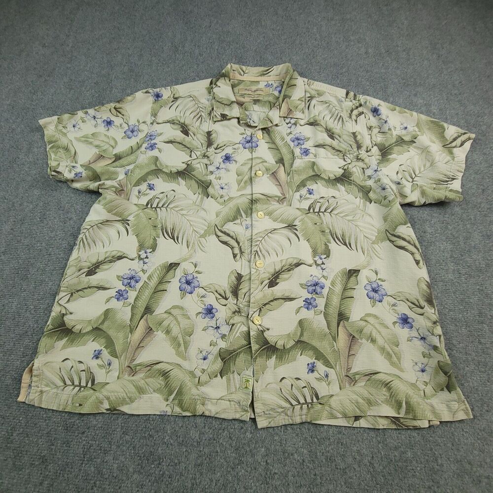 Tommy Bahama Hawaiian Silk shirt Mens Size XL Short Sleeve beige tropical